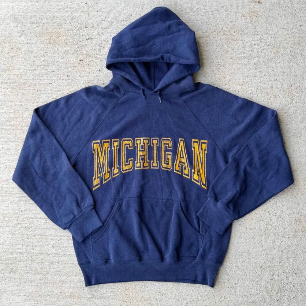 Vintage 80s Michigan Wolverines Hoodie Sweatshirt Navy Blue Bassett Walker